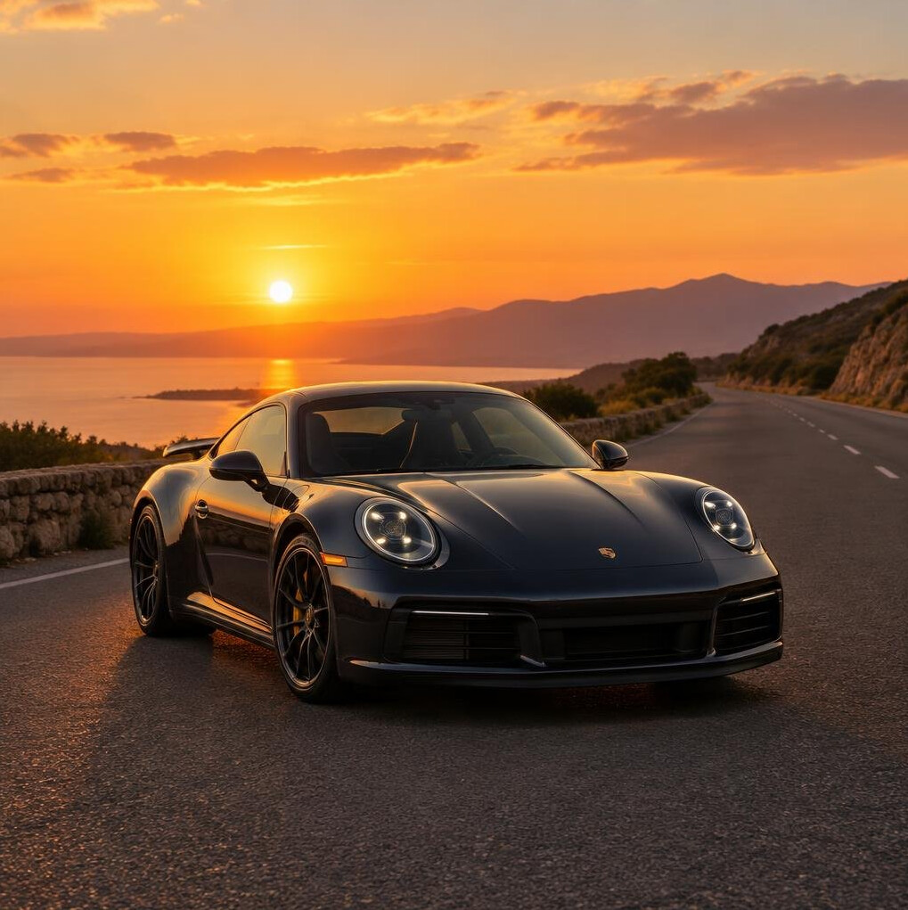 Sports car parked at sunset