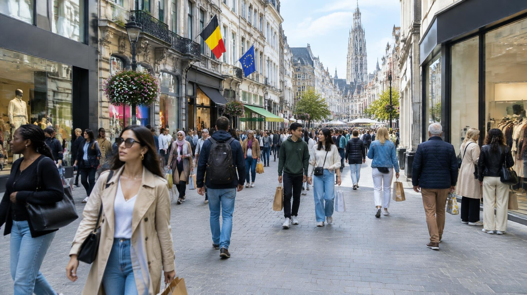 Pedestrians crossing a busy shopping street in a European city