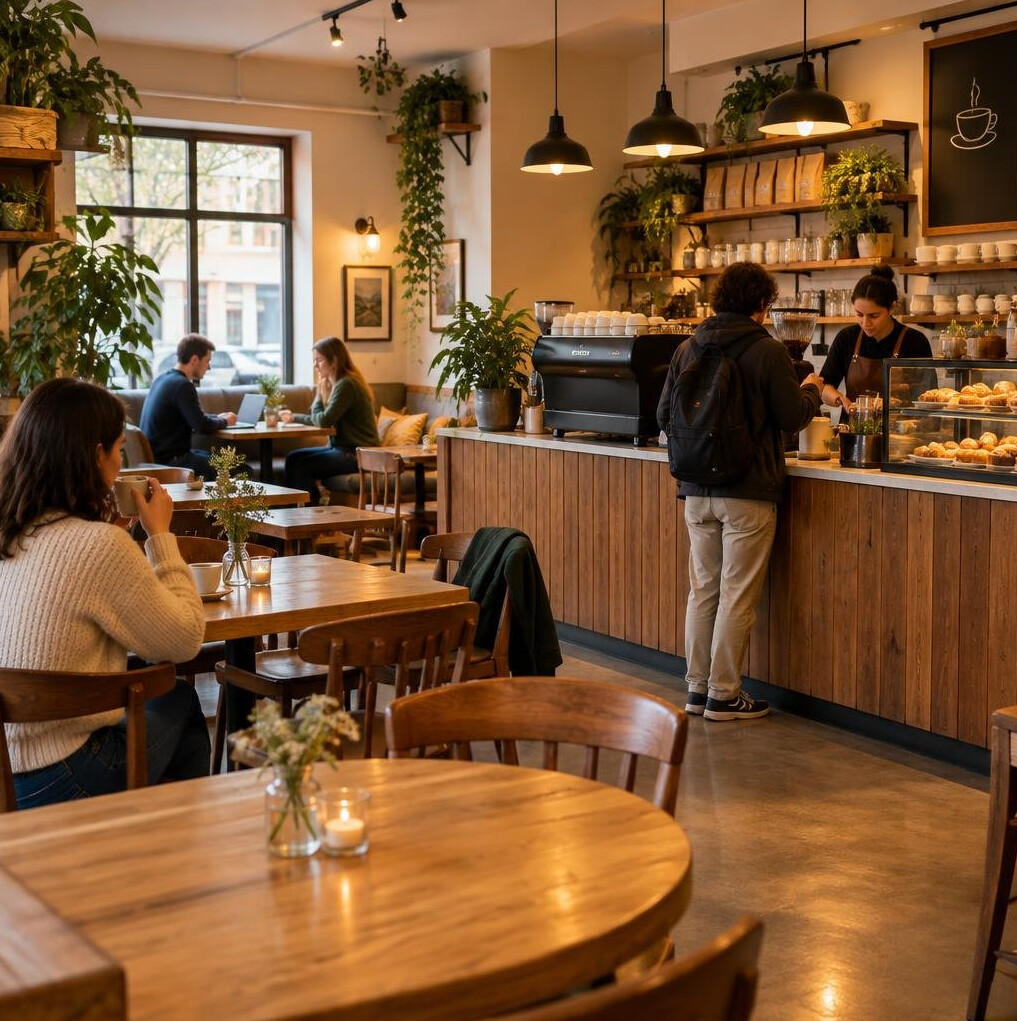 Cosy cafe interior with tables and customers