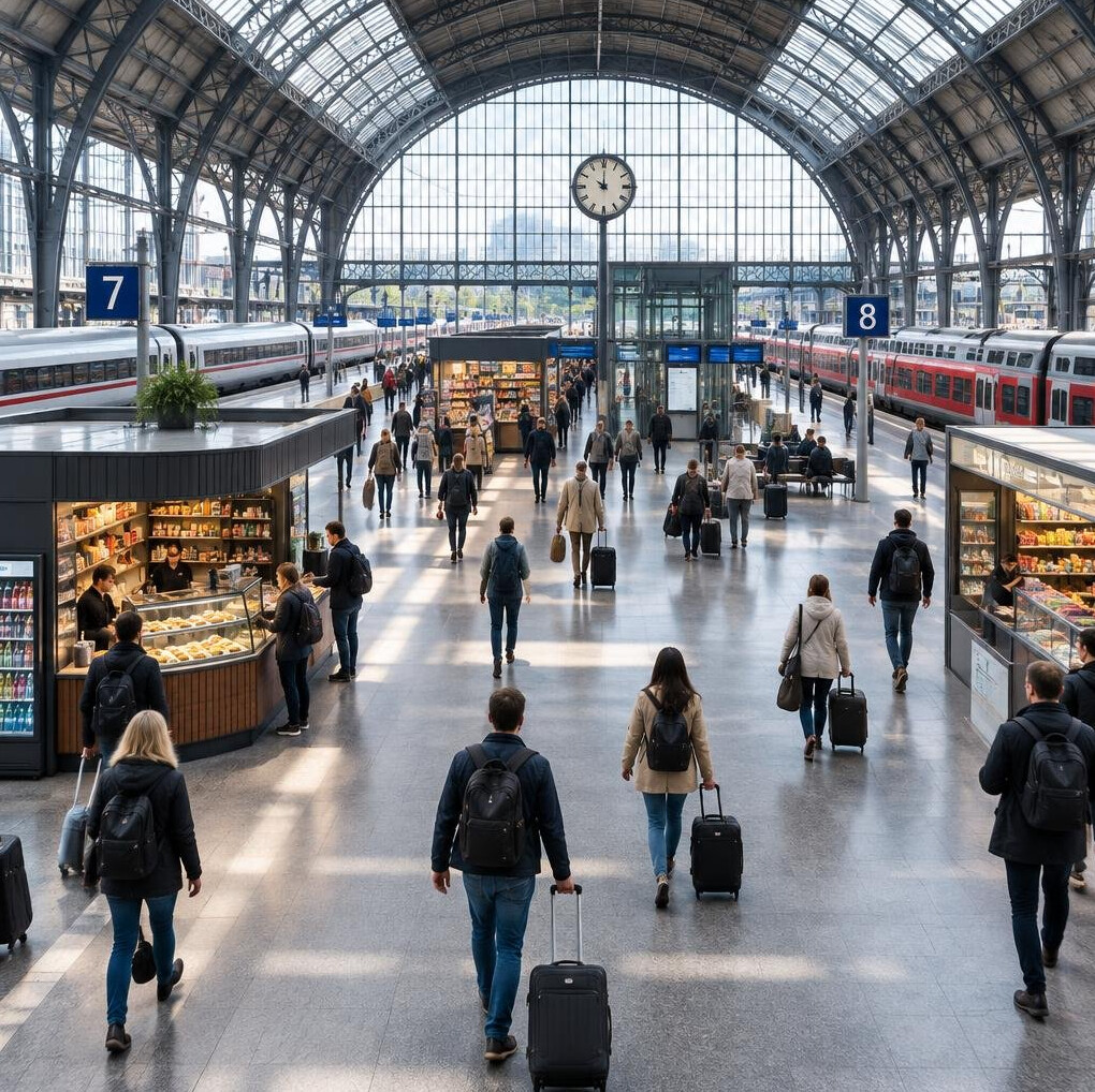 Train station hall with travellers