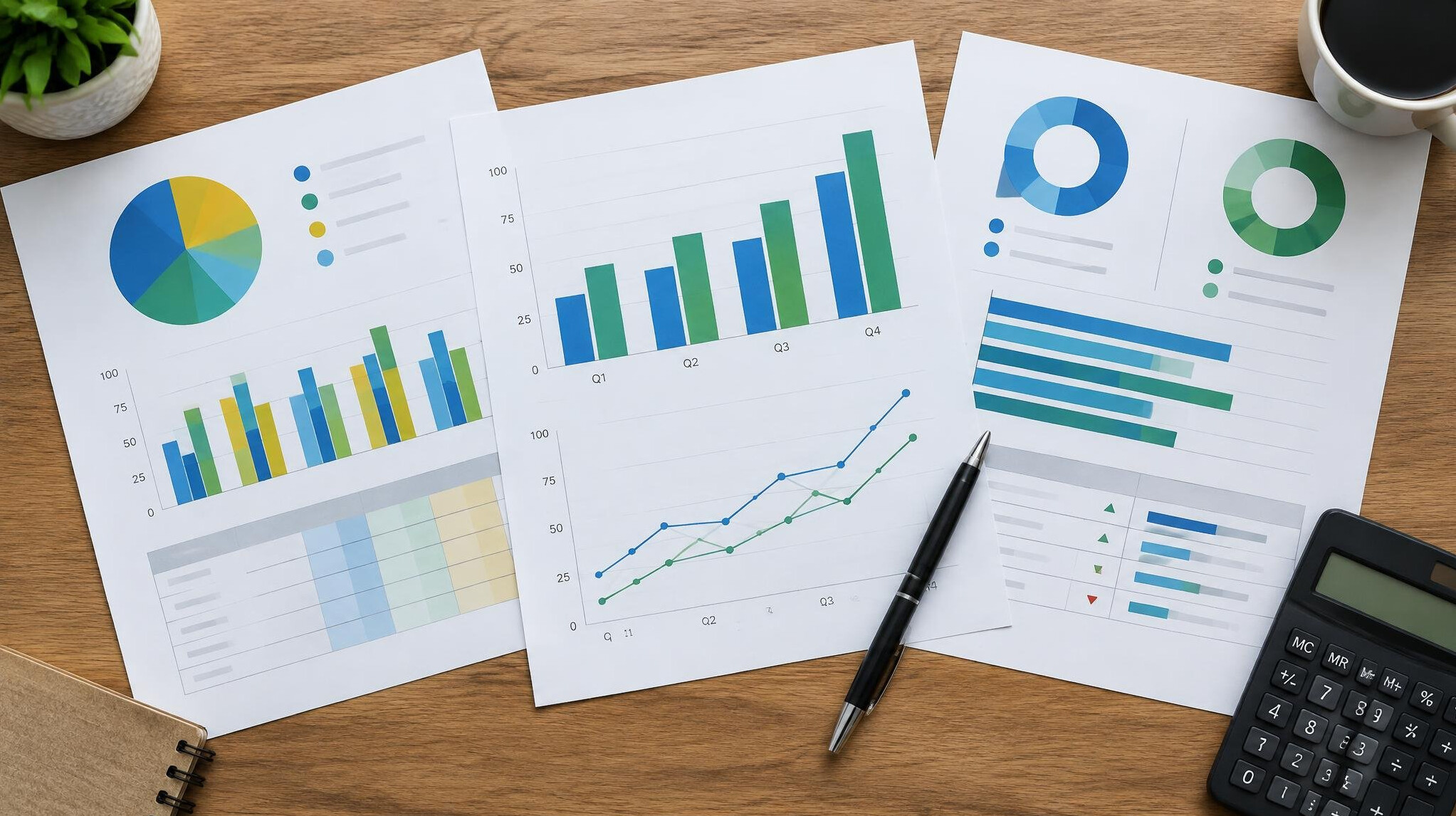 Printed business charts and a calculator on a desk